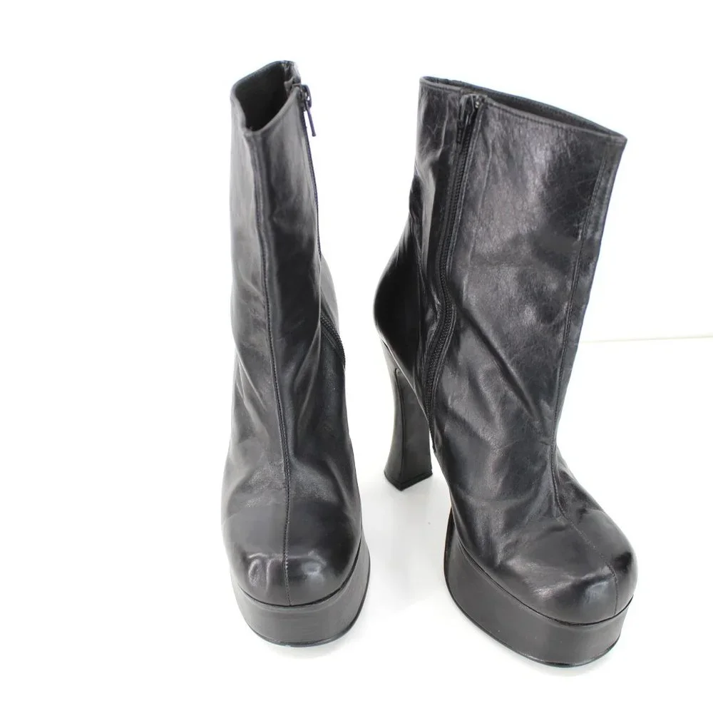 Luichiny Black Leather Platform Ankle Boots Round Toe Spool Heel Spain 37